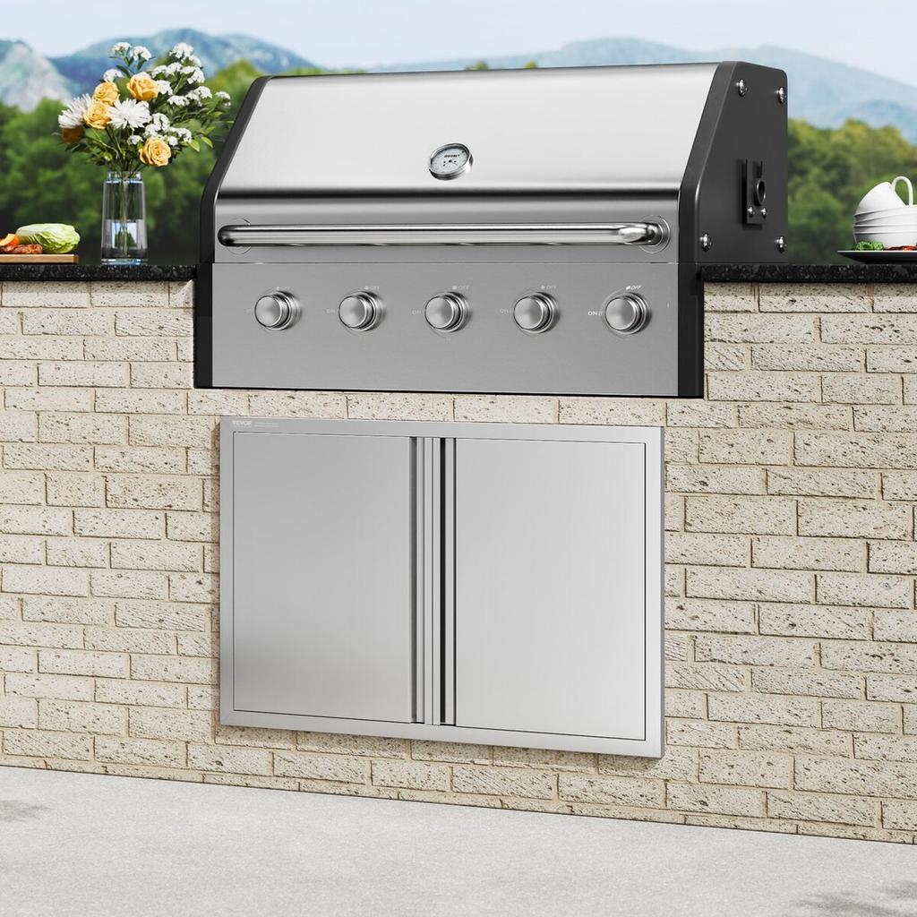 BBQ Access Door, 914x610 Mm Double Outdoor Kitchen Door, Stainless Steel Flush Mount Door, Wall Vertical Door with Recessed Handles , for BBQ Island,