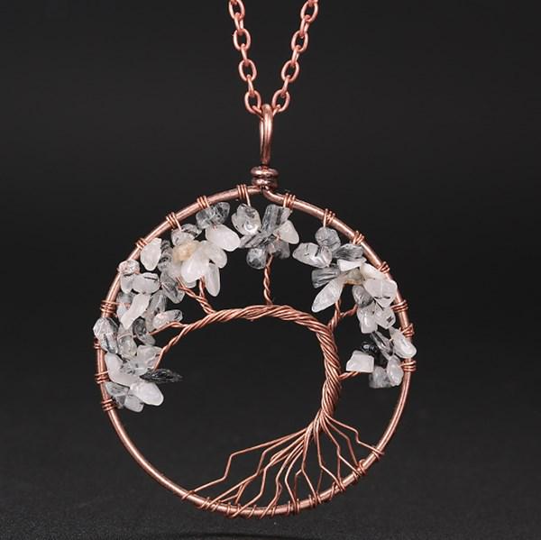 Hand-Wound Natural Stone Crystal Ancient Red Copper Curved Tree Of Life Curved Tree Necklace N01