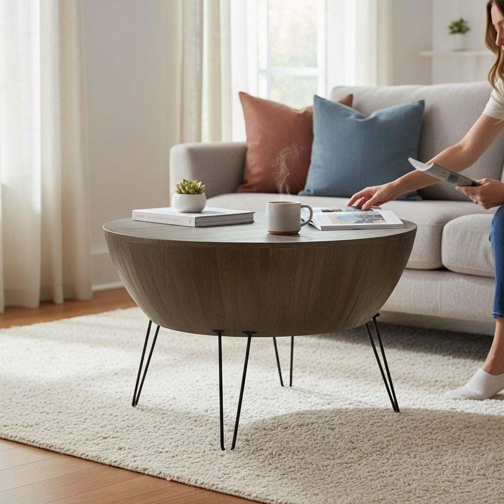 Modern Round Wooden Coffee Table | Solid Wood Center Table with Metal Hairpin Legs | Minimalist Mid-Century Living Room Furniture