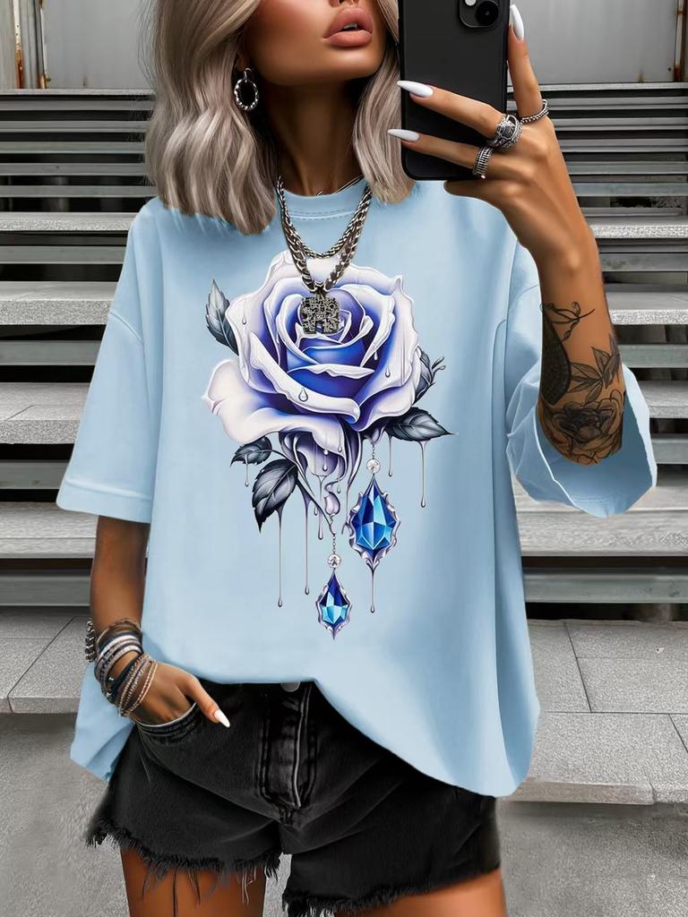 Sommer Lotosblume Aufdruck Damen T-Shirt Mode Damen Freizeit Weich Rundhals Kurzarm Oberteile