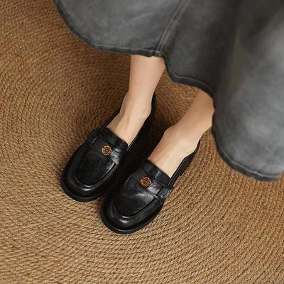 Rindslederversion~ echtes Leder Retro Kamelie Einslipper Damen 2025 neue kleine Lederschuhe dick hochhackige Einzelschuhe