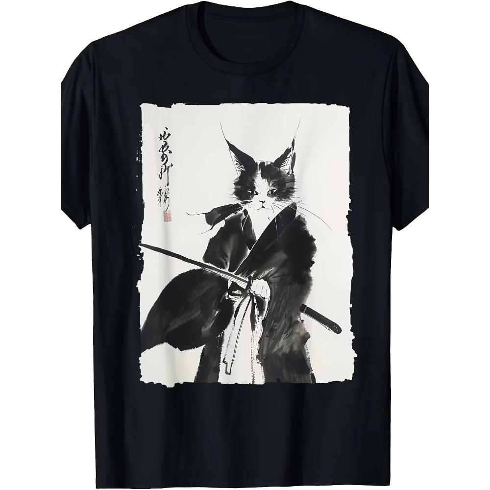 

Уникальная футболка Ukiyo-e Art Vintage Warrior Feline - удобная футболка с графическим принтом для мужчин и женщин - долговечный принт XXXXXL чёрный