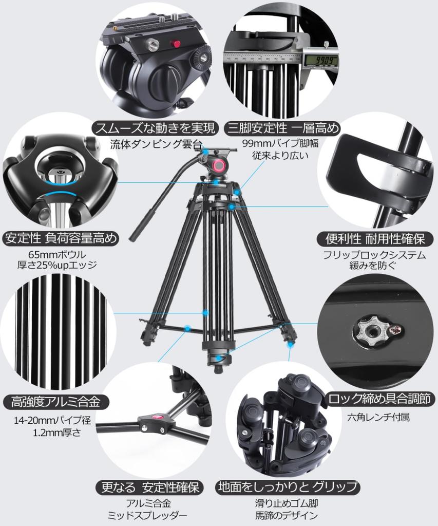 Miliboo mtt601a Basisversion Kamera-Stativ mit Fluid Maximale Belastung Höhe Aluminium-Stativ für DSLR-Kameras und Camcorder Video Live 360°-Kopf, 10kg,