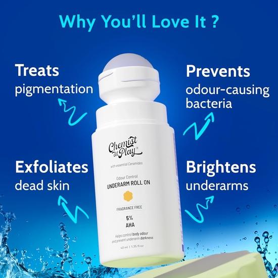 Chemist at Play Roll-on pour aisselles avec 5% d'AHA, d'acide lactique et 1% d'acide mandélique | Prévient les odeurs corporelles, illumine la peau et exfolie les aisselles - 40ml
