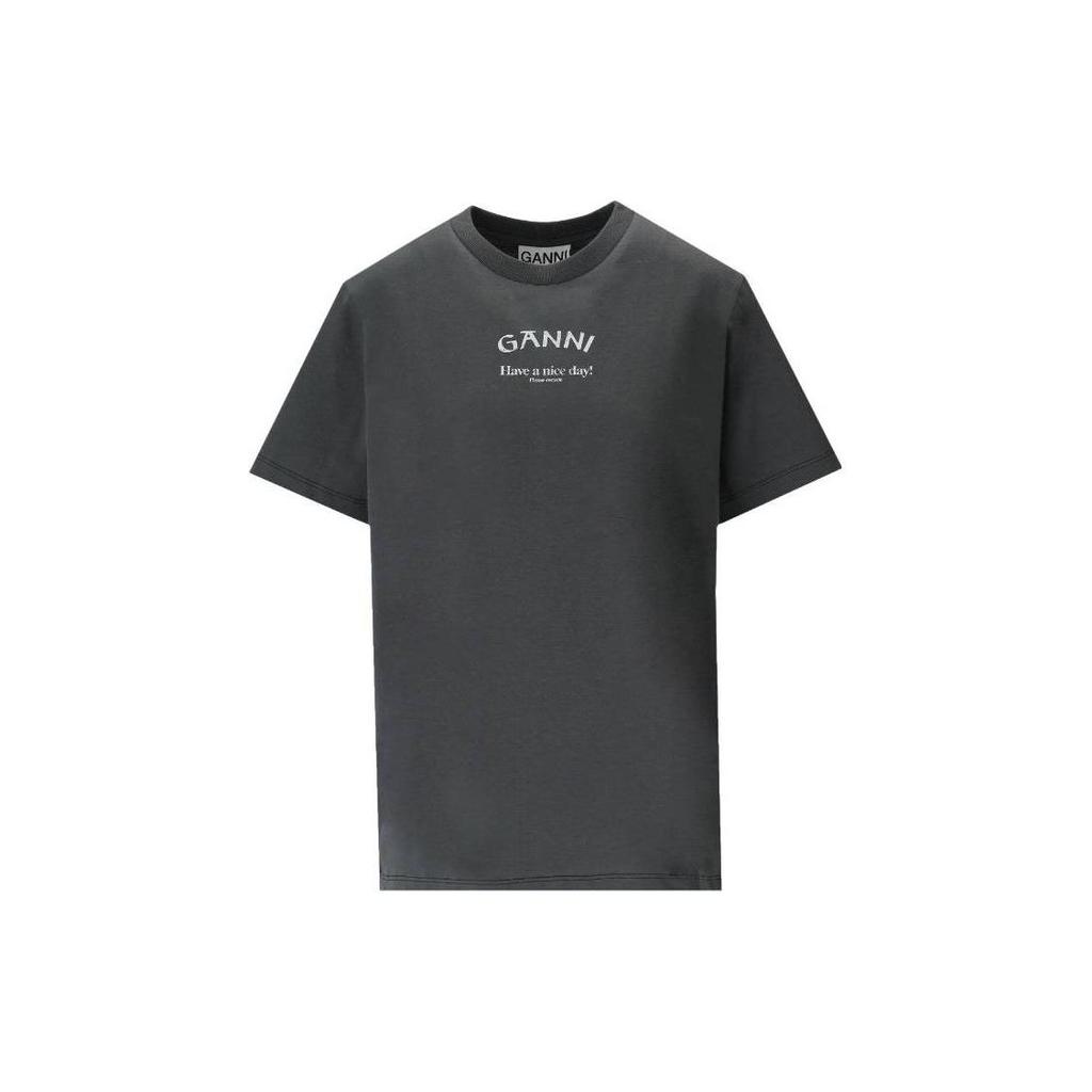 Ganni Letter Print Round Neck Short Sleeve T-Shirt Women tops Dark-Gray T3590490