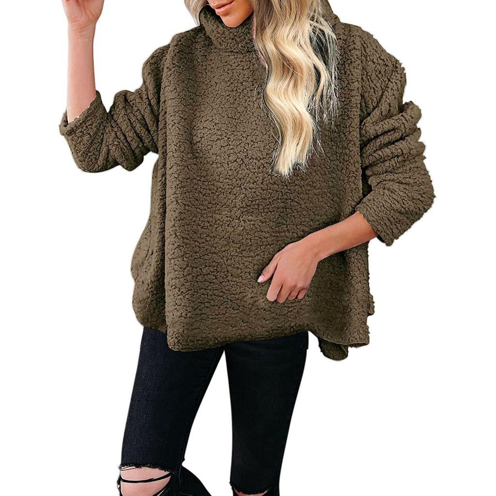 Oversized Turtleneck Sherpa Fleece Sweatshirt,Loose Long Sleeve Warm Teddy Coat Pullover Top,Soft Fluffy Casual Outerwear for Multi-color Outfits