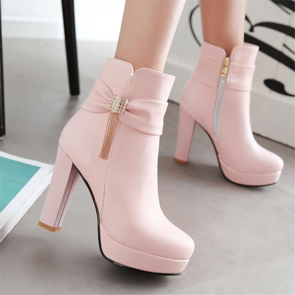 Fashion Elegant Short Boots Autumn Winter Shoes Women's Ankle Boot Platform Sweet Black White Pink Heeled FRINGE Party Dance Shoes Ladie