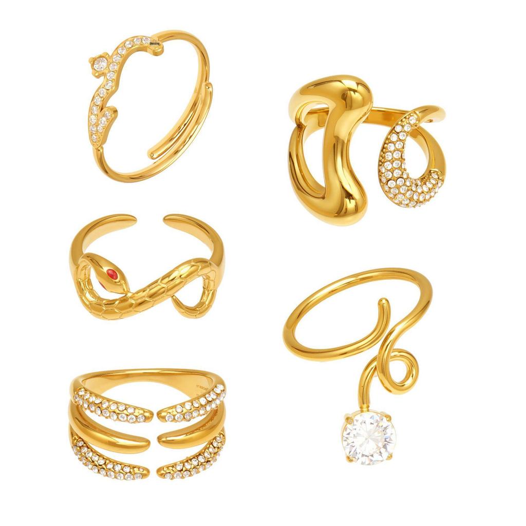 18k Gold-Plated Zirconia Inlaid Stainless Steel Open Ring Set - Modern Fashion Jewelry