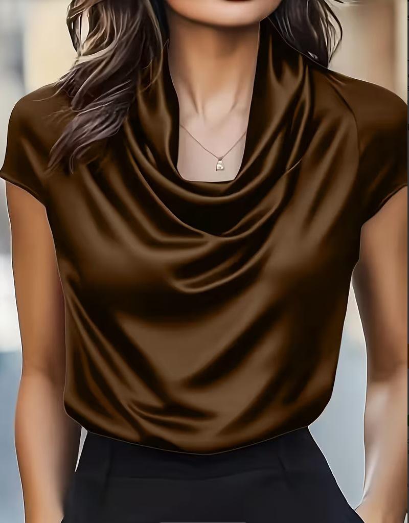 Camicia Satinata Primavera/Estate a Manica Corta con Collo a Volant e Design Elegante Drappeggiato