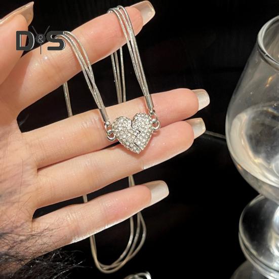 Women Necklace Magnetic Matching Broken Heart Pendant Rhinestone Adjustable Length Hematite Therapy Natural Neck Pain Relief Migraine Healing Choker