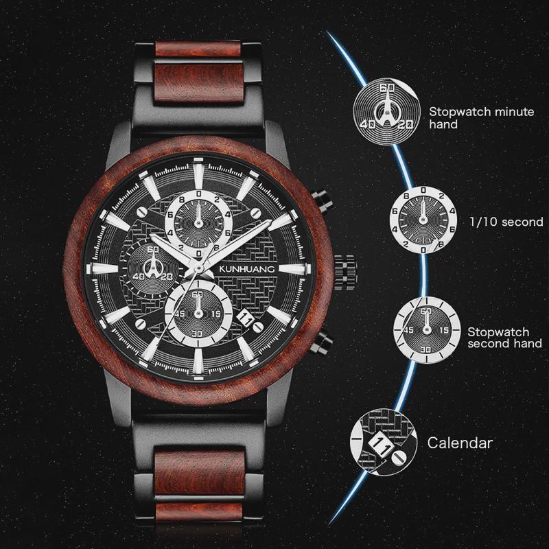 Wood Watches Luxury Luminous Multi-function Wooden Men's Chronograph Quartz Retro Watch Fashion Sport Timepieces