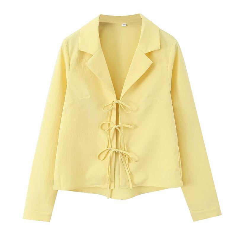 

Kaslead New Arrival Women s Fashion Style Fashion Minimalist All-Matching Suit Collar Tied Long Sleeves Shirt Yellow L