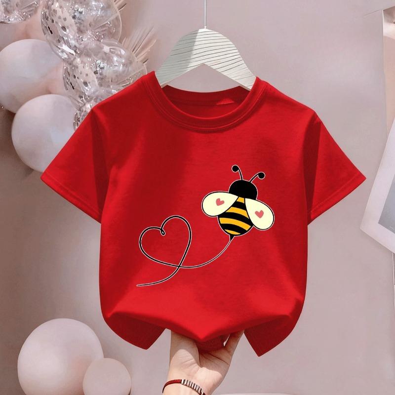 Kids Crewneck Tee, Fun Cartoon Bee Print Short Sleeve Top for Home Outing Vacation