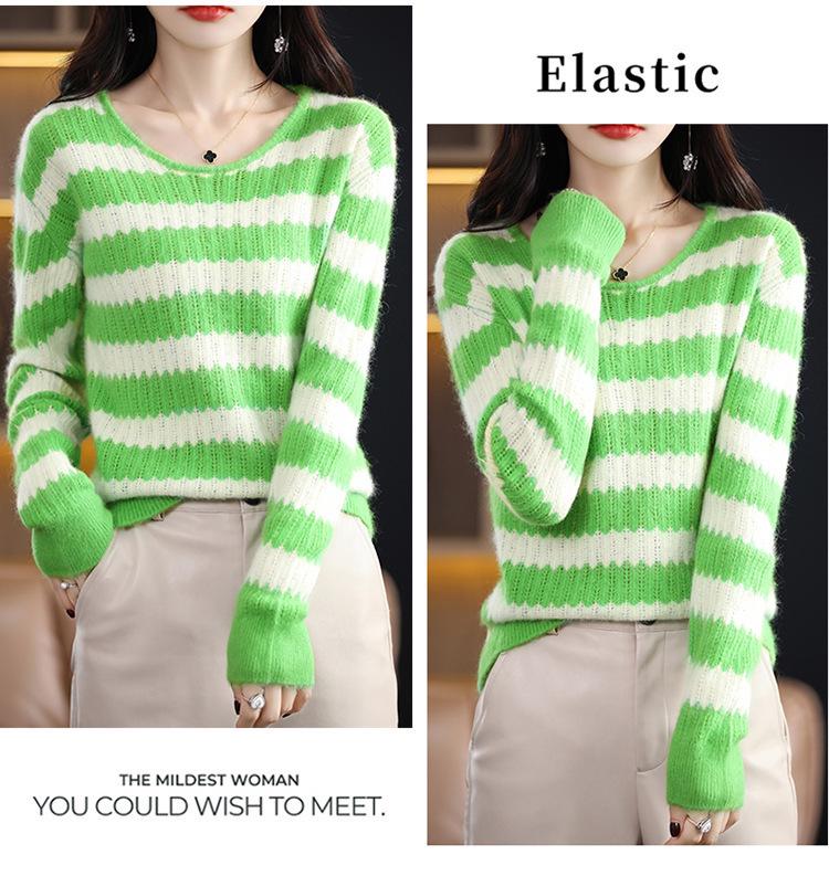 2025 Autumn/Winter Women's Mink Cashmere Color Block Round Neck Sweater – Hollow Out, Warm, Loose Fit