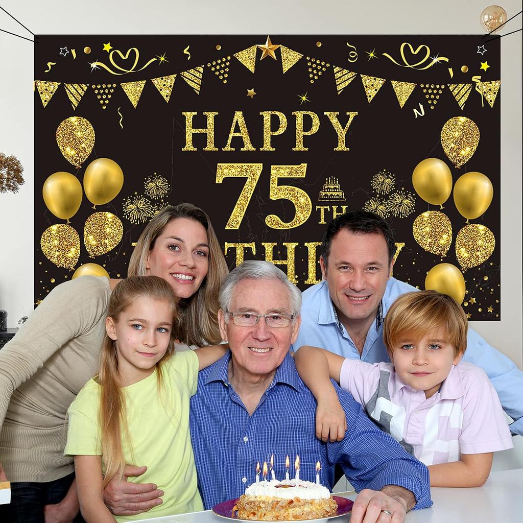 Trgowaul 75th Birthday Backdrop Gold and Black 5.9 X 3.6 Fts Happy Birthday Party Decorations Banner for Women Men Photography Supplies Background