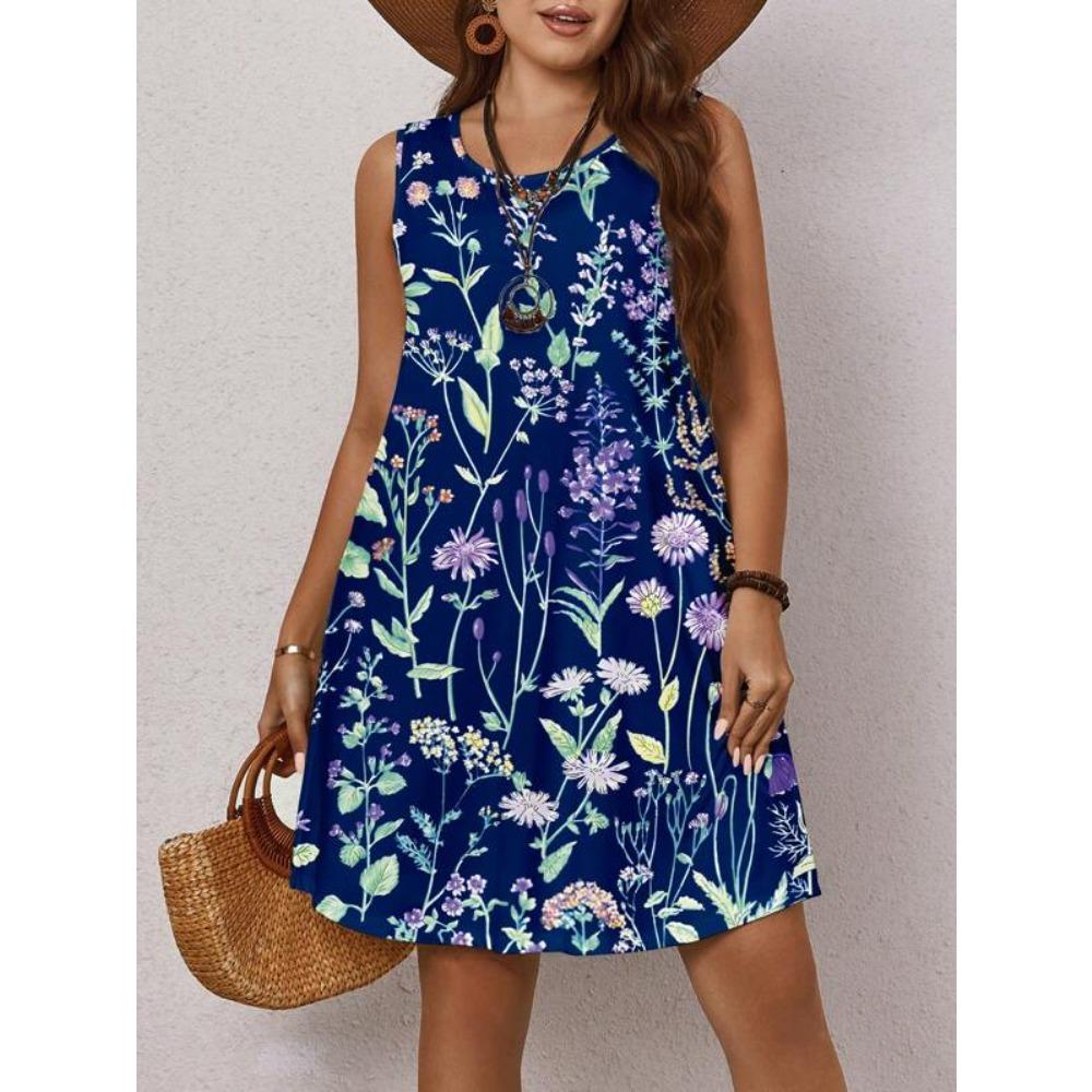 Summer Fashionable Ladies Breathable Soft Flowers O-Neck Sleeveless Dress Loose Comfortable Large Size Vacation Versatile Casual Dress