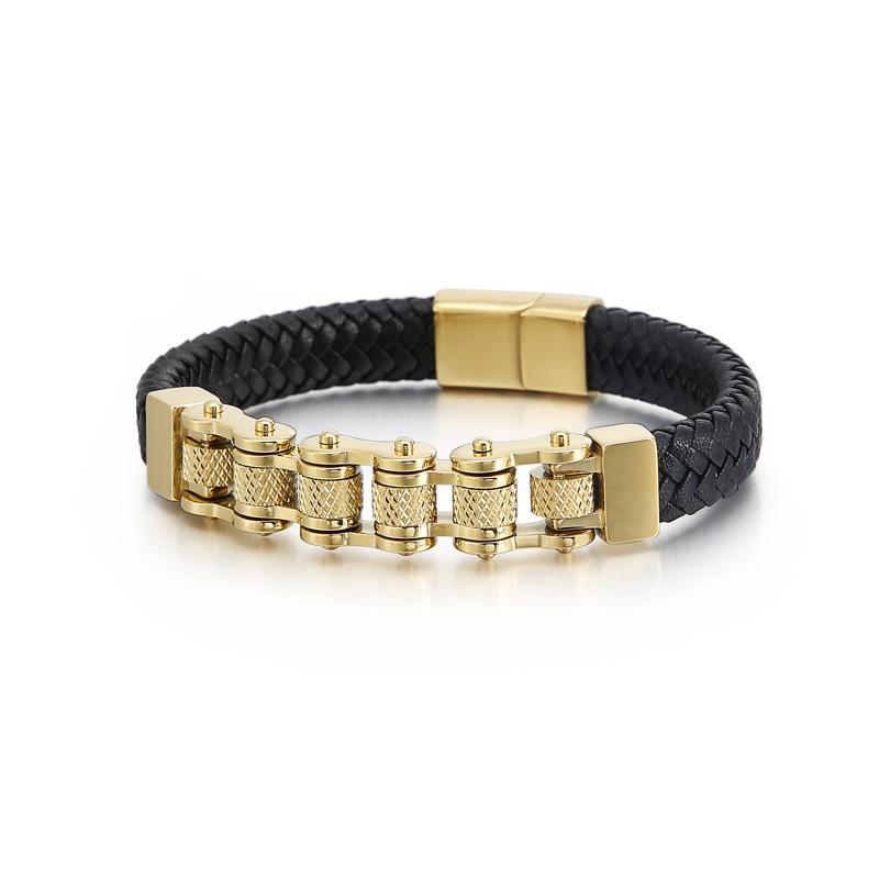 European-American Punk Bicycle Chain Titanium Steel Bracelet with Woven Cowhide In Stainless Steel Motorcycle Design.