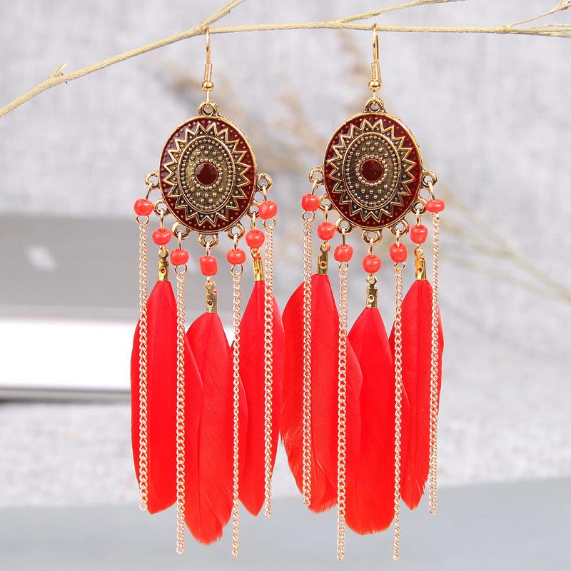 Ethnische Vintage Lange Temperament Federohrringe für Damen Elegante Geometrische Perlenkette Quaste Ohrring Boho Damen Schmuck