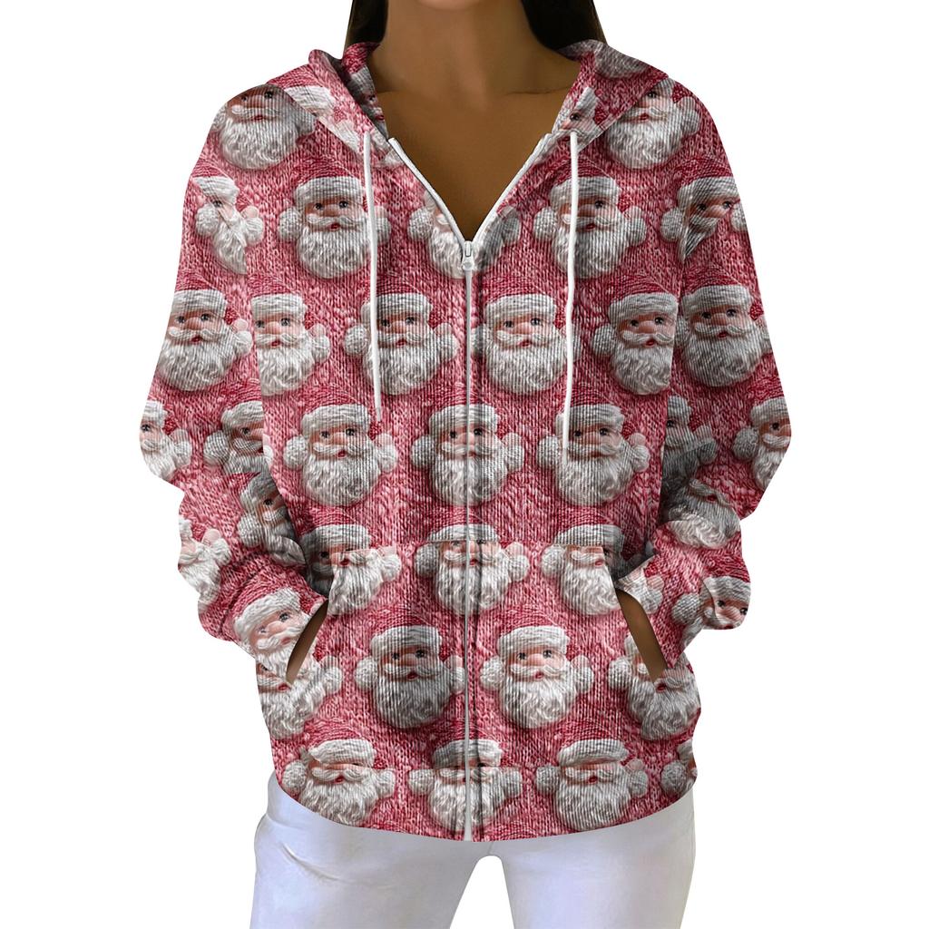 Women's Casual Fashion Long-Sleeved Zip-Up Christmas Print Knitted Hoodie