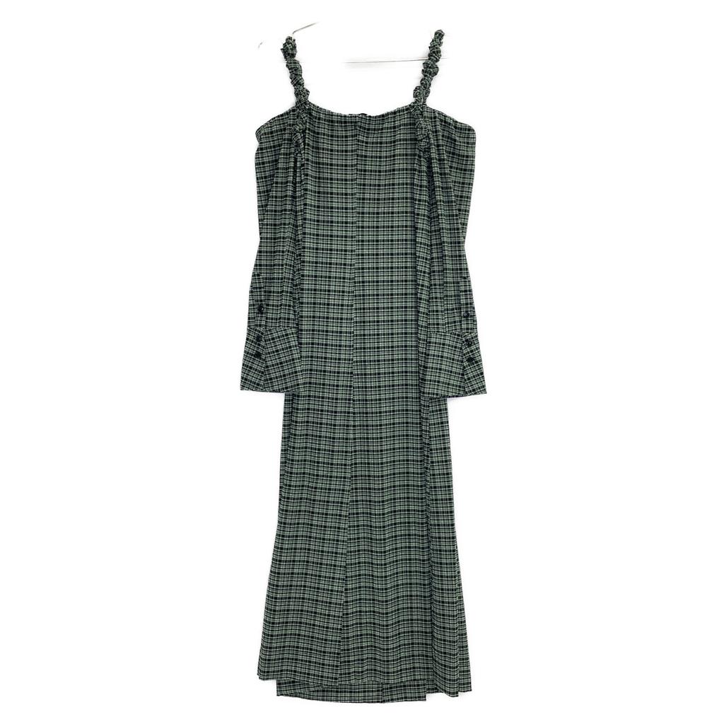 GANNI Green x Black Nylon Blend Seersucker Check Off-Shoulder One-Piece dress 32 Green x blackUsed
