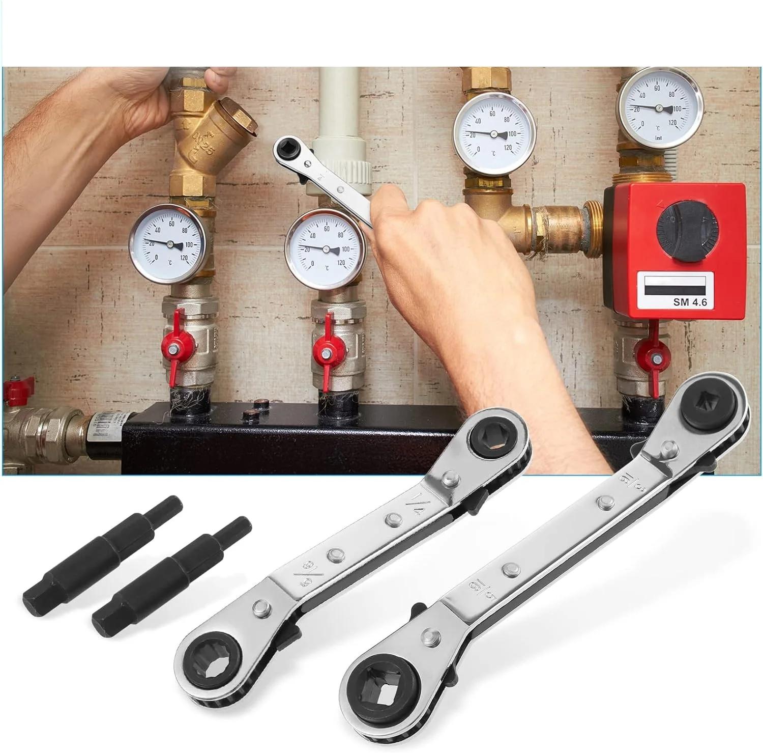 HVAC Service Wrench 3/16  1/4  5/16  3/8  Ratchet Curved Wrenches Hex Bit Adapter 2-headed Reversible Air Conditioner Fridge argento