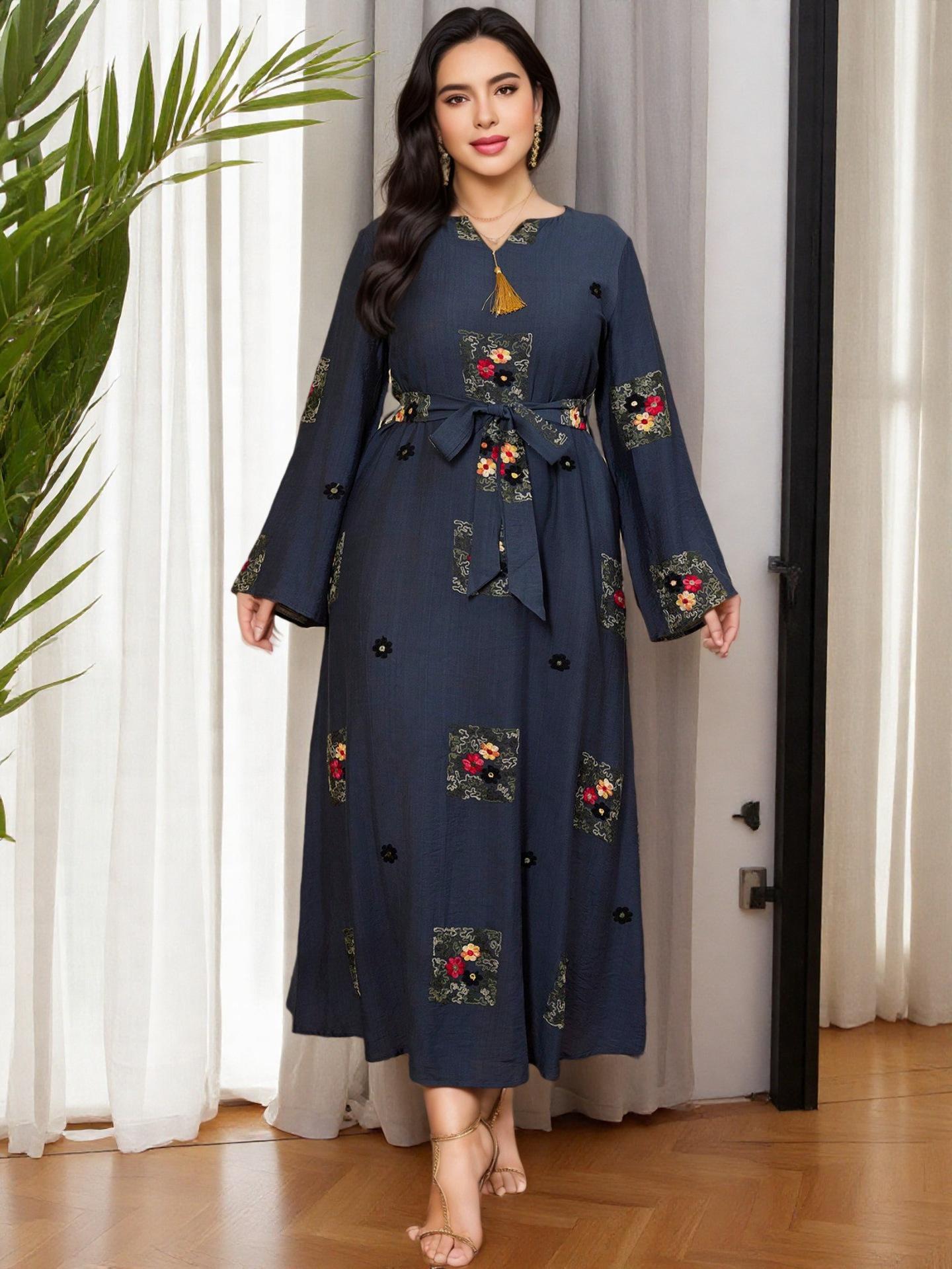 Retro Floral Embroidered Plus Size Dress with Lace-up Waist 1XL темно-синий