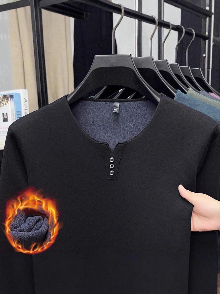 2025 Men's V-Neck Long Sleeve Plus Velvet Thickened T-shirt - Autumn/Winter, Youth Plus Size, Solid Color Base Layer