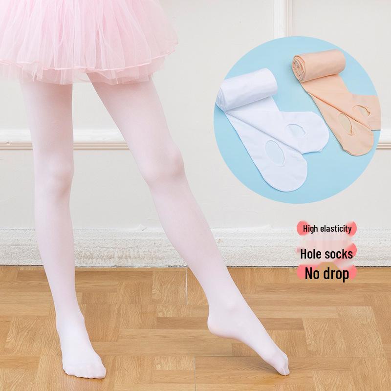 Girls' Thin Dance Practice Socks - White, Breathable, Removable Velvet Holed Stockings