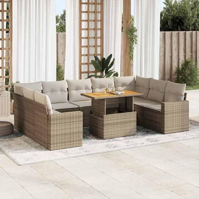 VidaXL Salon de jardin avec coussins 10 pcs beige résine tressée, ensemble de canapés d'extérieur, salon de jardin, ensemble 3327082