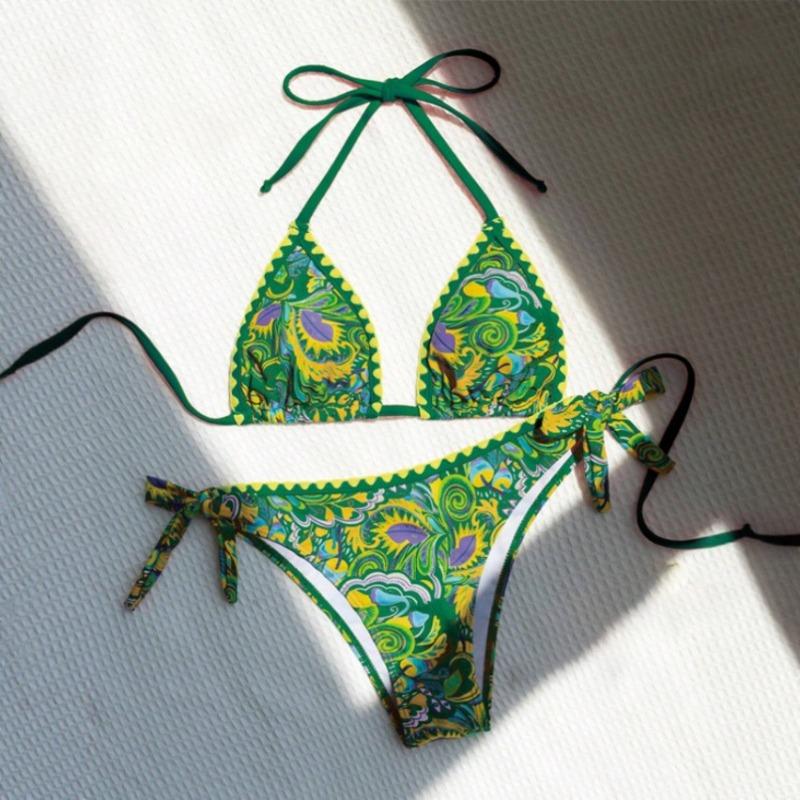 Vibrant Tropical Print Triangle Bikini with Side Tie Bottoms