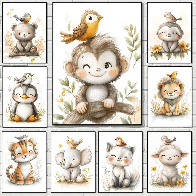 Boho Style Cartoon Animal Illustrations Posters Prints Canvas Painting Wall Art Picture Living Room Home Baby Room Nursery Decor