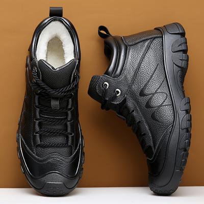 Fashion Winter Snow Boots Outdoor Plush Warm Men Boots Leather Mens Snow Boots Non-slip Ankle Boots Lace-Up Outdoor Men Business Shoes