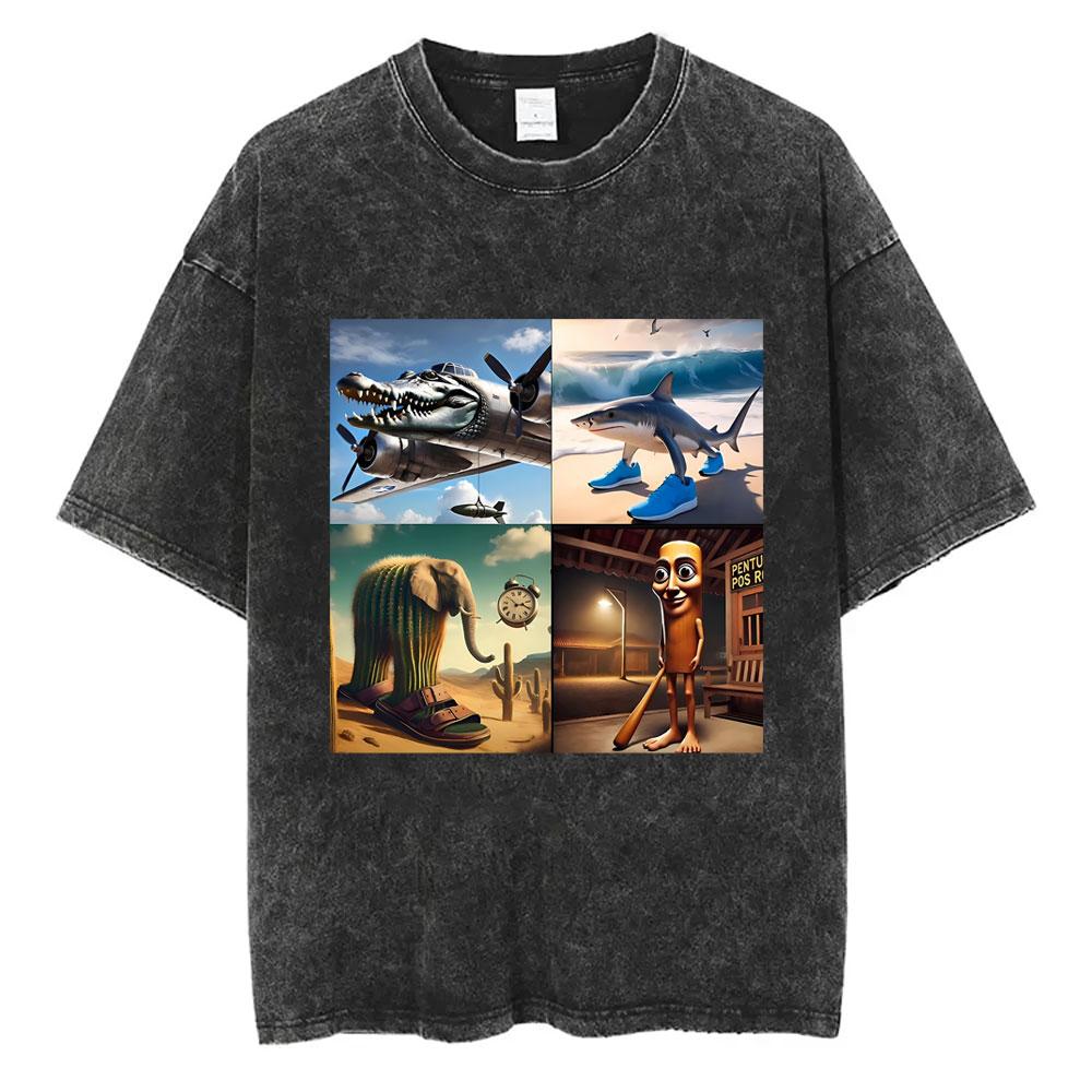 Bombardiro Crocodilo Crocodile Plane Bomber Funny Meme Washed Vintage T-shirt Men Women Casual Italian Brainrot Humor Style Tees