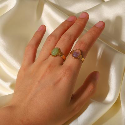 Waterproof Stainless Steel 18K Gold Oval Green/Purple Semi-Precious Stone Open Ring Jewelry Ring Jewelry