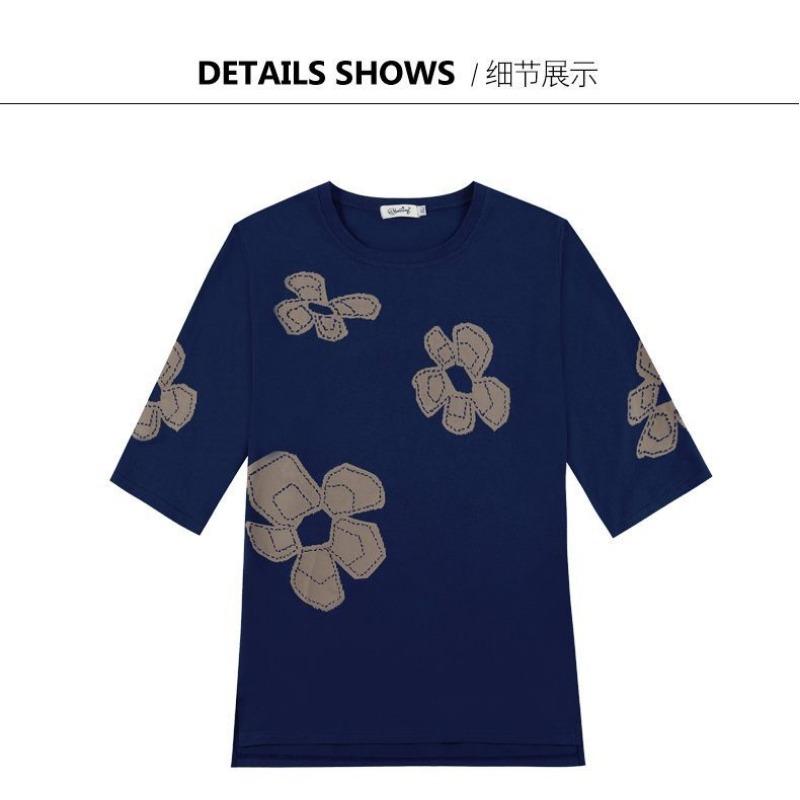 Fashionable Round Neck Mid-sleeve T-shirt for Women Loose Casual Printed Pullover Quarter-sleeved Elegant and Versatile Top