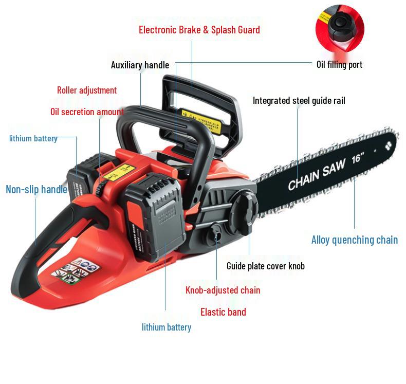 16-Inch Brushless Cordless Electric Chainsaw - Rechargeable Lithium Battery Powered Saw for Woodworking and Logging.