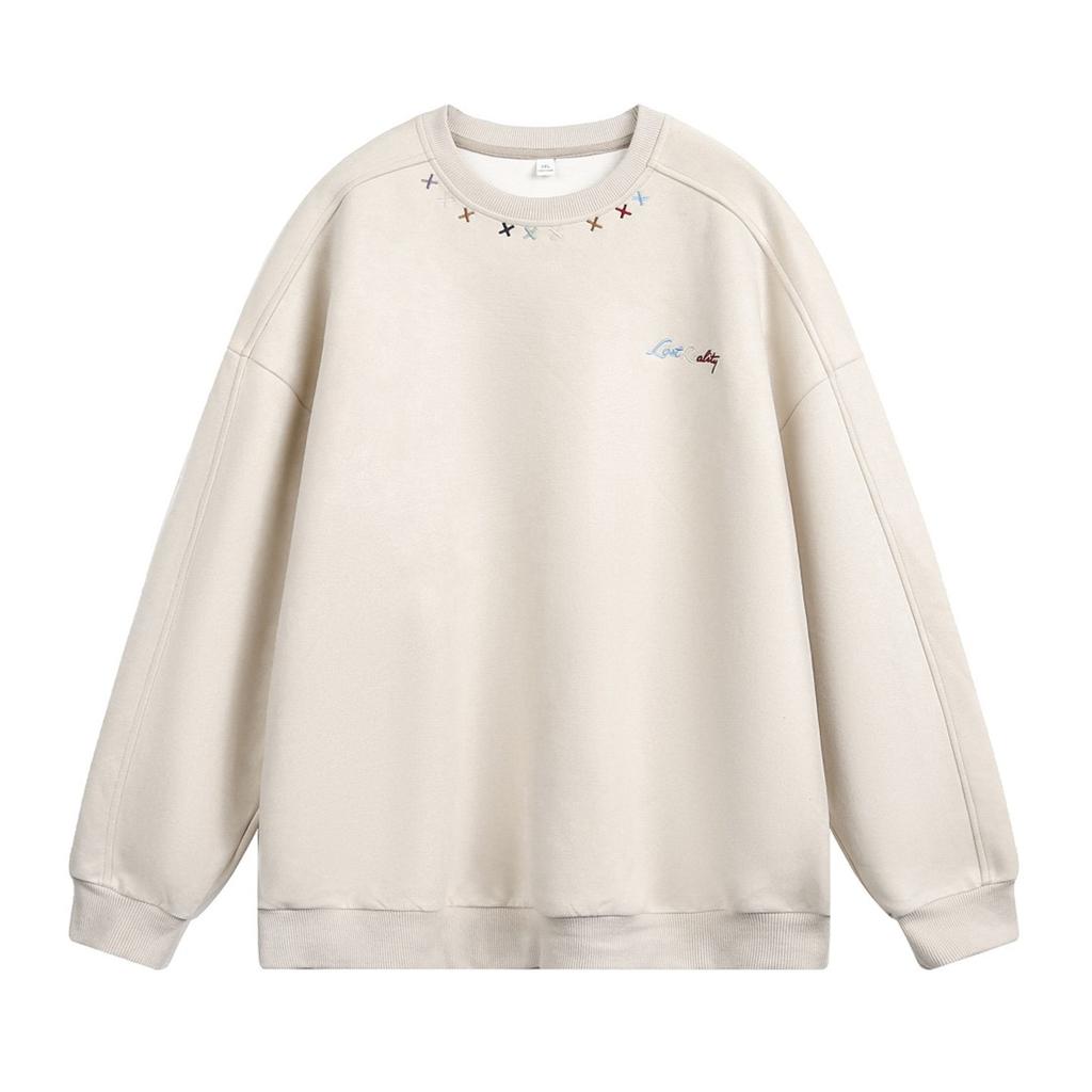Erkek Renkli Nakışlı Yuvarlak Yaka Bol Uzun Kollu Vintage Günlük Kazak Sweatshirt