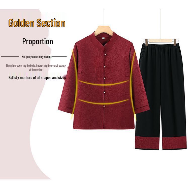 Mother's Summer Tang-Style Two-Piece Set: Seven-Sleeve Shirt & Top for Middle-Aged & Elderly Ladies