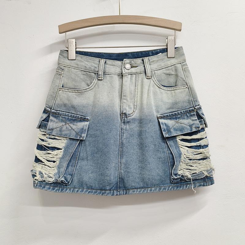 Ripped denim skirt women s summer new high waist American retro gradual change color pocket tooling short skirt tide S синий