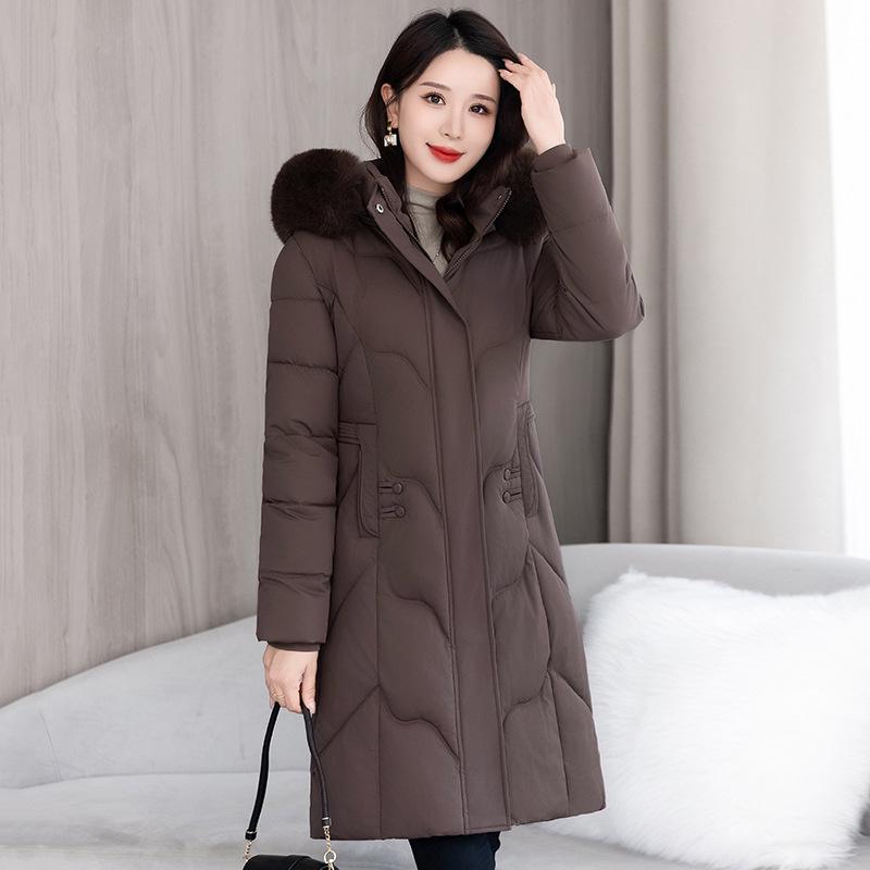 Women's Winter Cotton Coat - Mid-Length Korean Style with Waist-Hugging Design, Thick Padding, and Large Fur Collar.