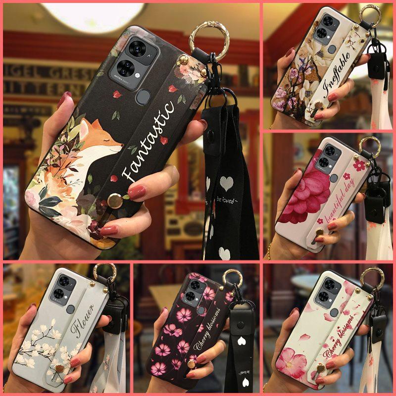 Ring Dirt-resistant Phone Case For Oukitel C33 Fashion Design Wrist Strap Lanyard Phone Holder Kickstand Silicone Flower