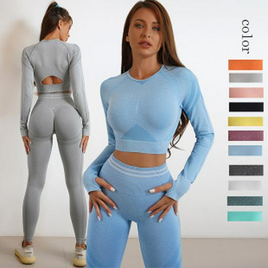 Seamless Knit Quick-Dry Running and Yoga Long Sleeve Set with Slim Fit Pants