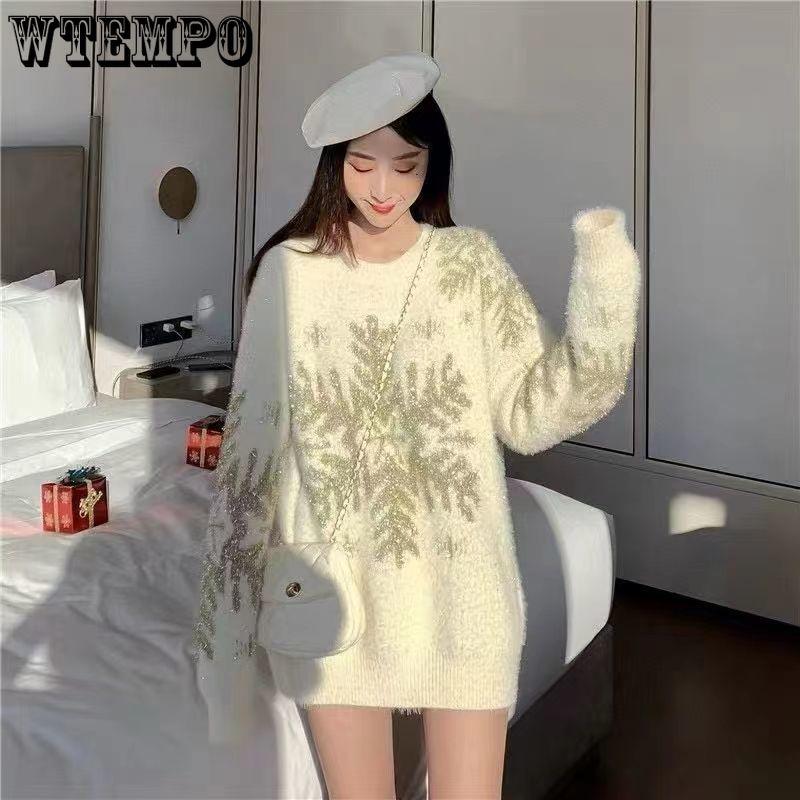 WTEMPO Langärmiger Weihnachtspullover Damen Herbst Winter Strickoberteile Lockerer Lässiger Stil Mittellang Strickpullover