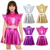 Completo Jazz Dance Bambina Ragazza Collo Alto Patchwork in Rete Strass Senza Maniche Crop Top Metallico con Volant e Vita Elastica Gonna Larga Lucida