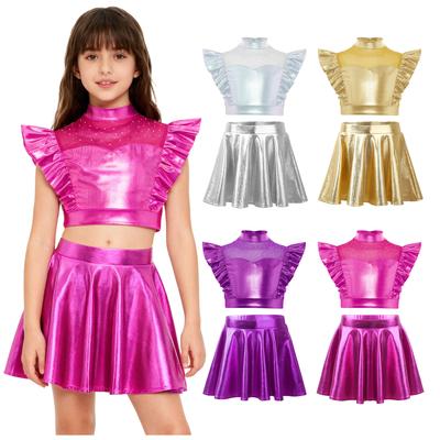 Ținută de dans jazz pentru fete, cu gât înalt, plasă cu strasuri, patchwork, fără mâneci, crop top metalic cu volane, bandă elastică în talie, fustă evazată strălucitoare