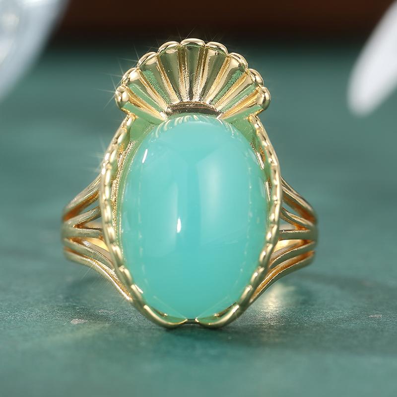 Vintage Inlaid Green Stone Women's Ring Ethnic Gold Color Hand Carving Daily Wear Party Jewelry Anniversary Gift