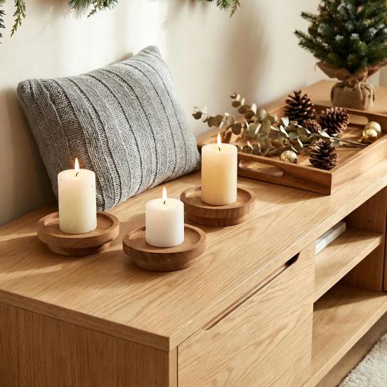 Candle Holder Tray, Round Wood Decorative Candle Plate, Rustic Tealight Pillar Candle Tray for Farmhouse, Kitchen, Coffee Table Decor