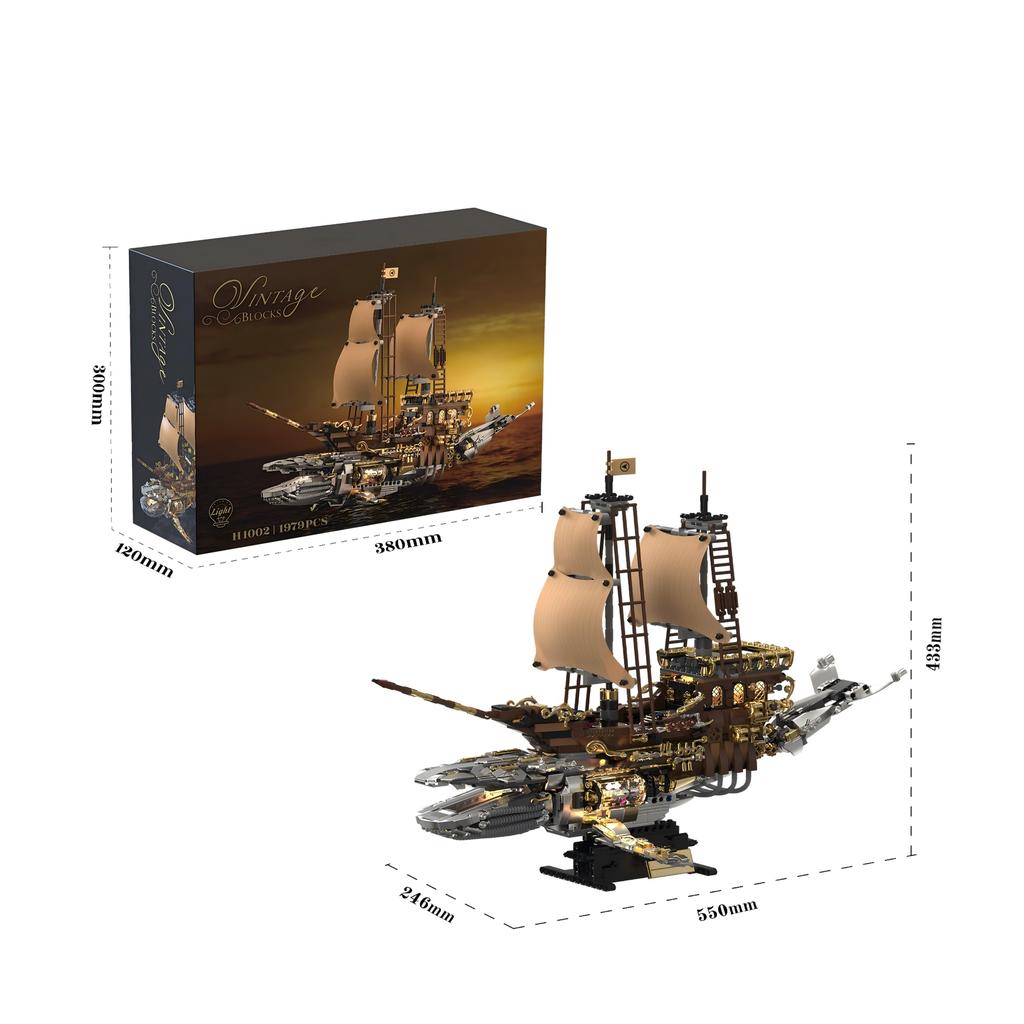 1979Pcs Retro Steamship/Mechanical Whale Ship Building Blocks Set With Lights, Desktop Ornament, Assembly Toy, Birthday Gift