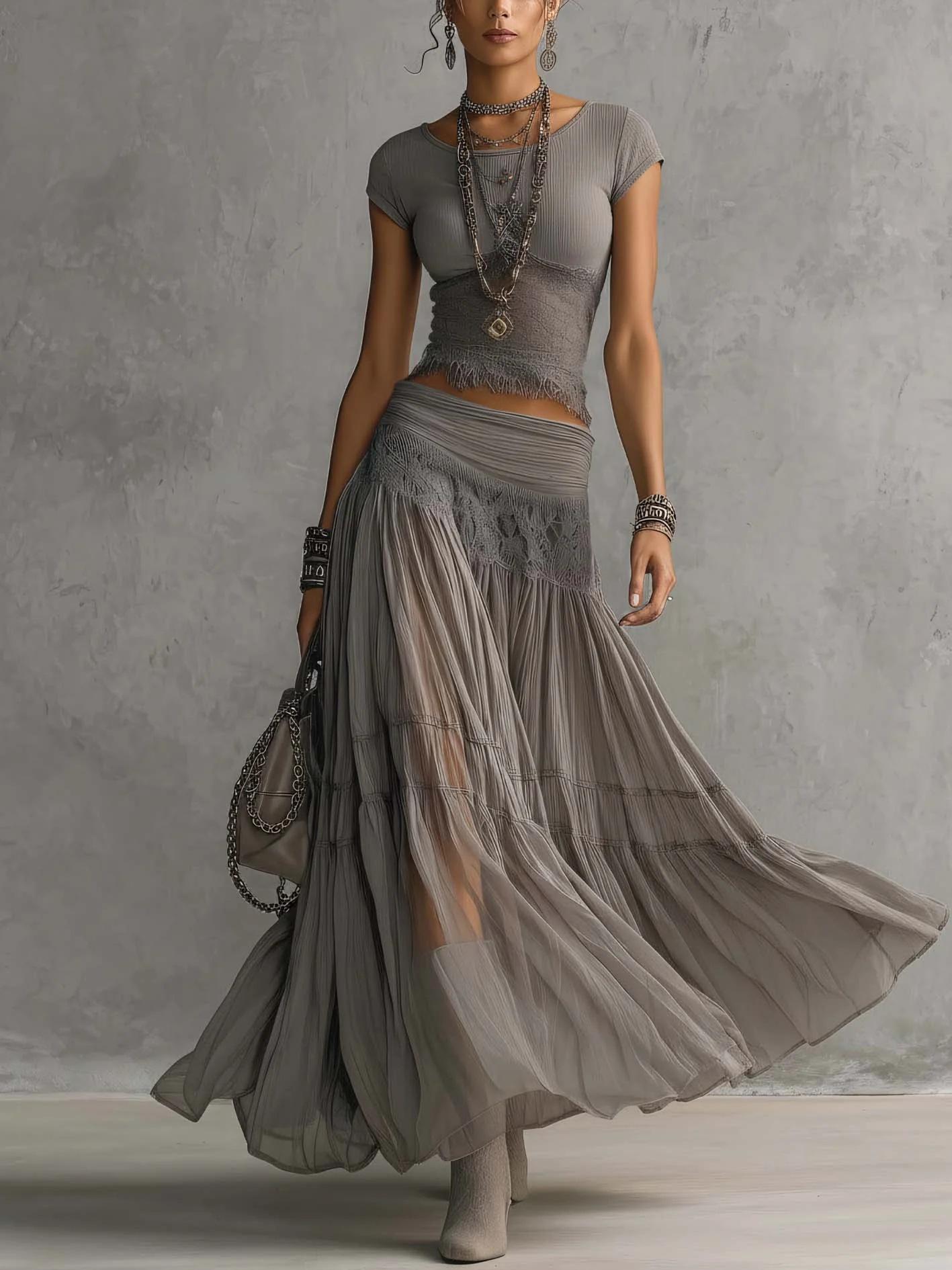 2026 Europe, America, independent station gray knitted top + chiffon dress set women s fashion elegant two-piece set S