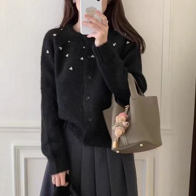 New Design Sweet Beaded Round Neck Single-breasted Long-sleeved Knitted Cardigan Femininity Fluffy Coat